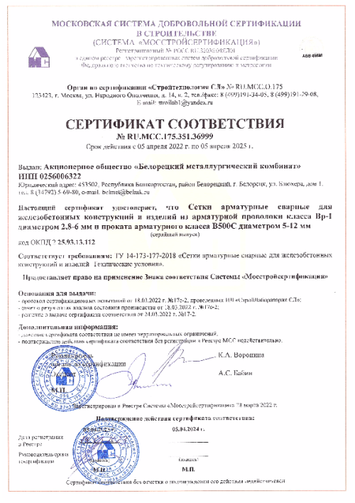 Сертификат соответствия Сетки сварные по ТУ 14-172-177-2018